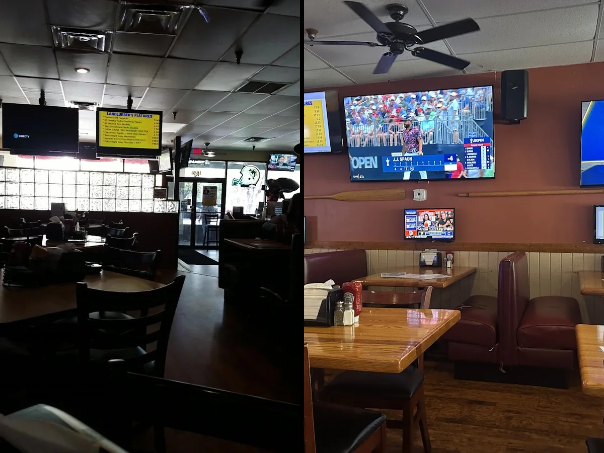 Seafood restaurant interior with warm wood finishes.